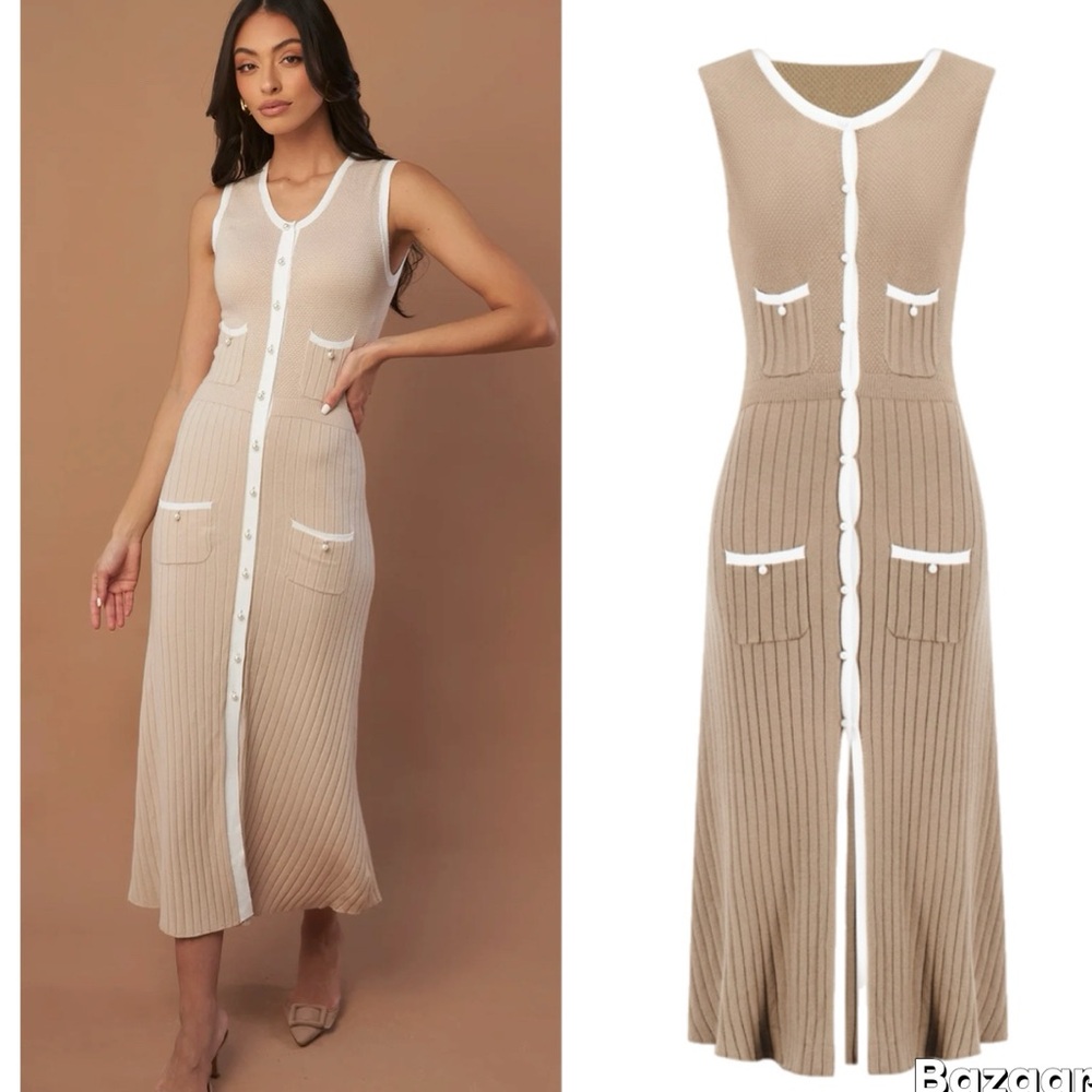 Marbl. Pearl Button Sleeveless Maxi Knit Dress Tan/White Women's Size XS